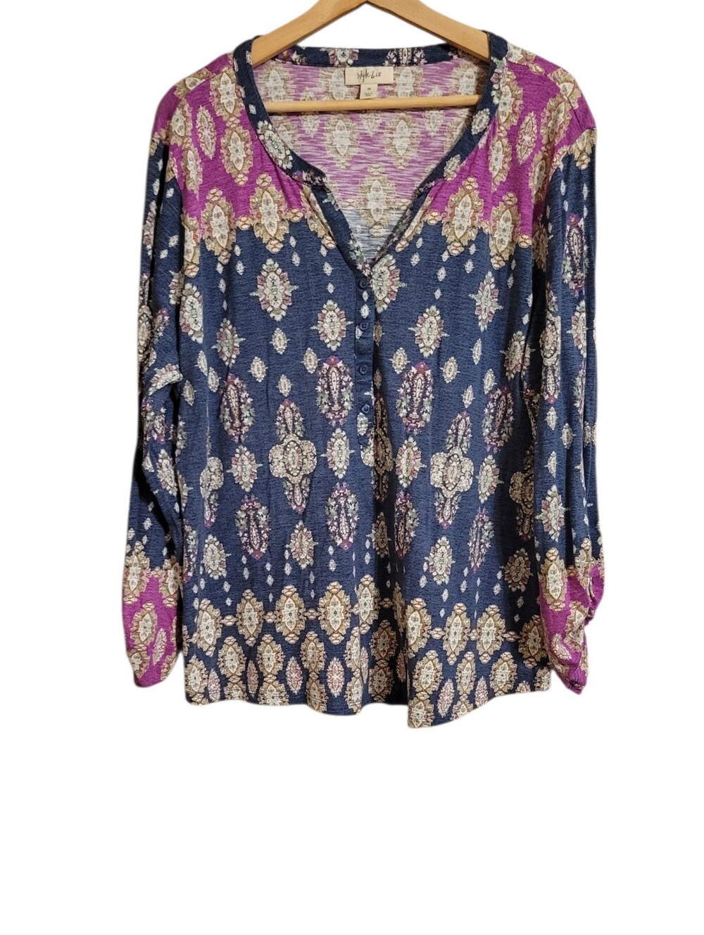 Style & Co Blue Boho Patterned Henley Top